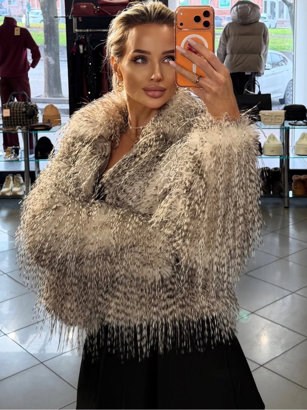ZARA Faux Fur Coat Small NWT Ecru Marl Shaggy Furry Sweater Jacket Black White